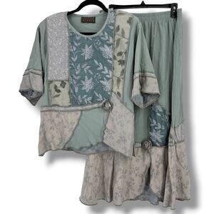 Spencer Alexis 2 Pc Skirt Set Size 1X Sage Green Patchwork Embroidered Floral